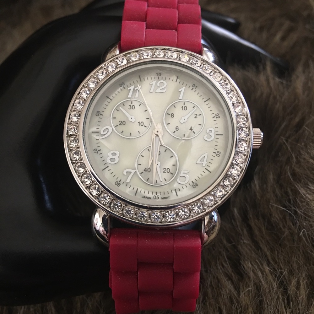 Ladies red soft silicone band rhinestone watch